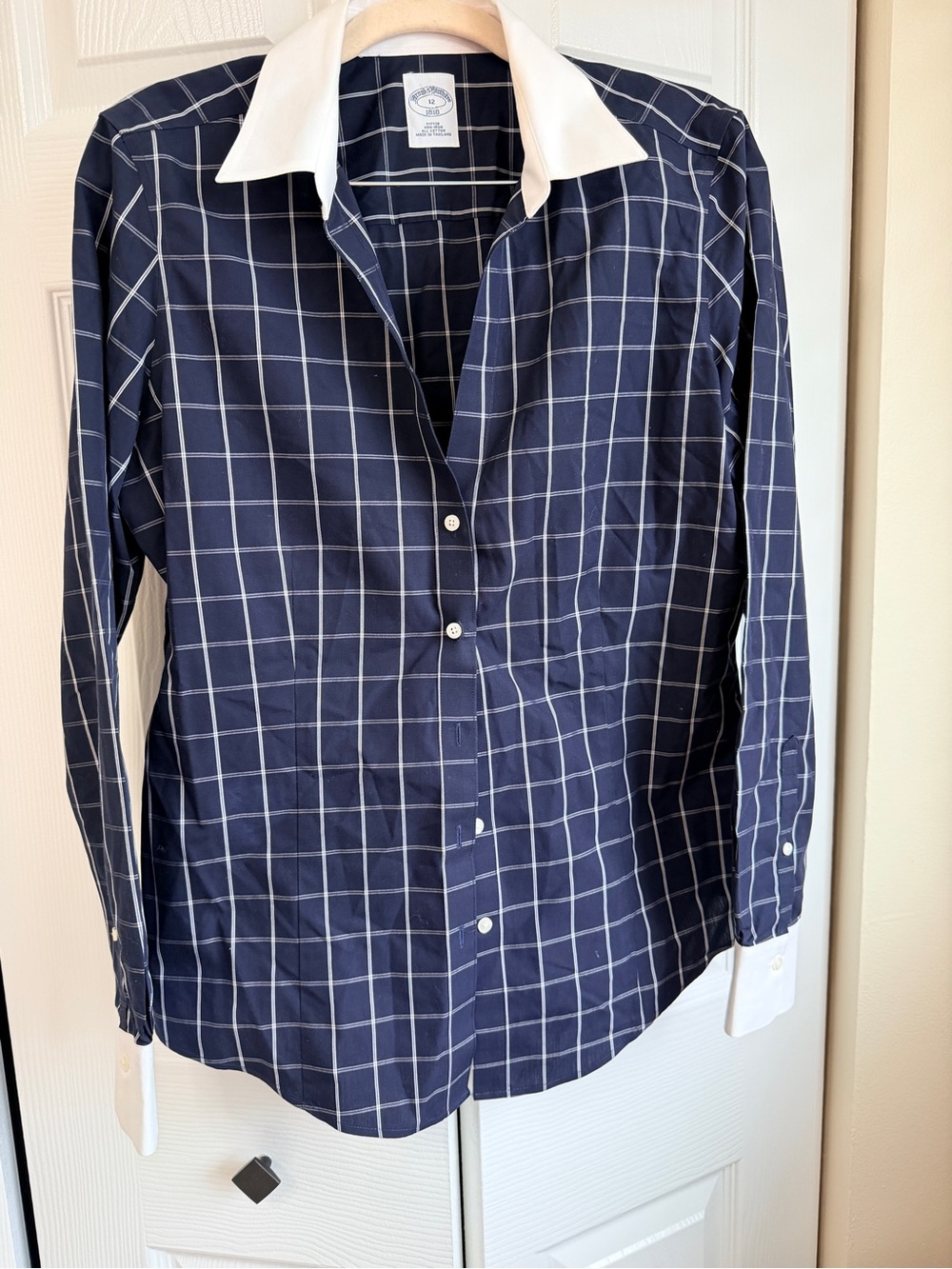 Brooks Brothers Navy Windowpane Dress Shirt with White Contrast Collar